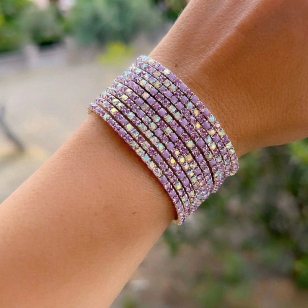 Rhinestone Crystal Layered Stretch Bracelets | 12 PCS (Lilac & Purple)